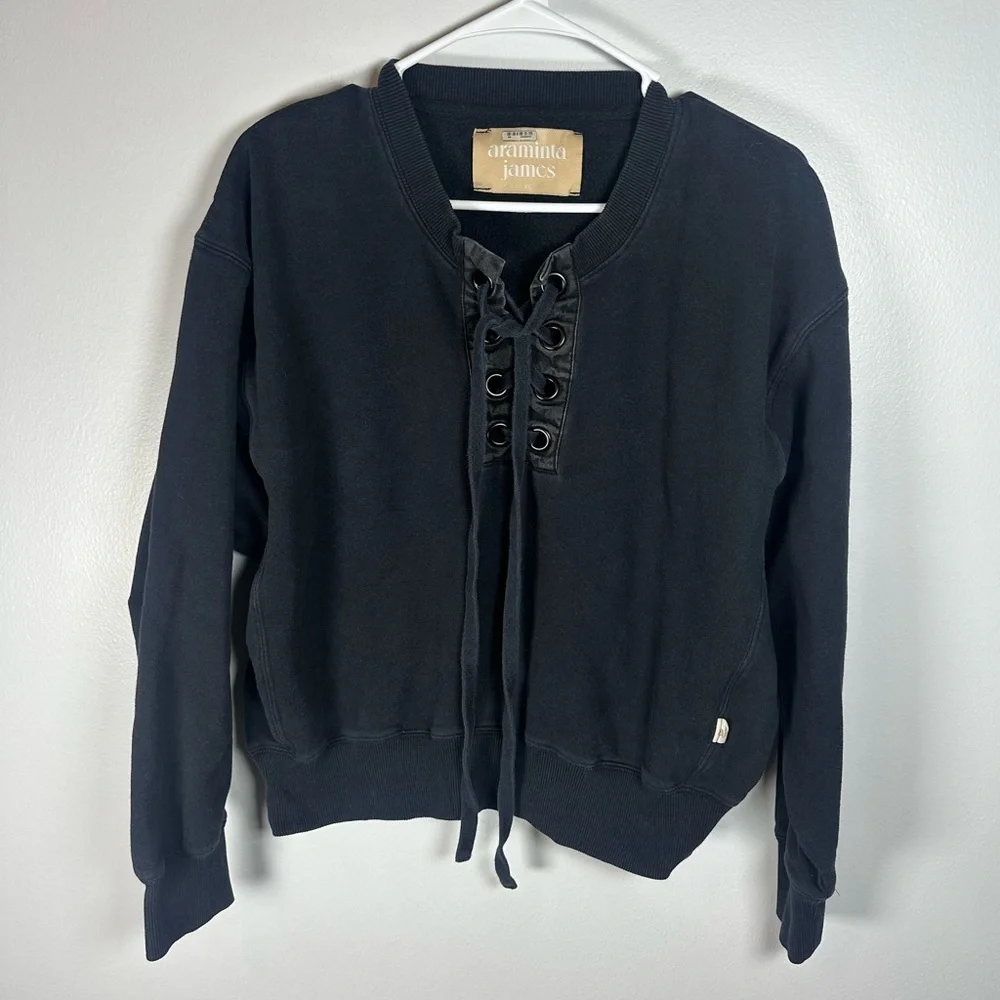 Araminta James Black Lace-Up Sweatshirt, thick, size XS oversized Anthropologie